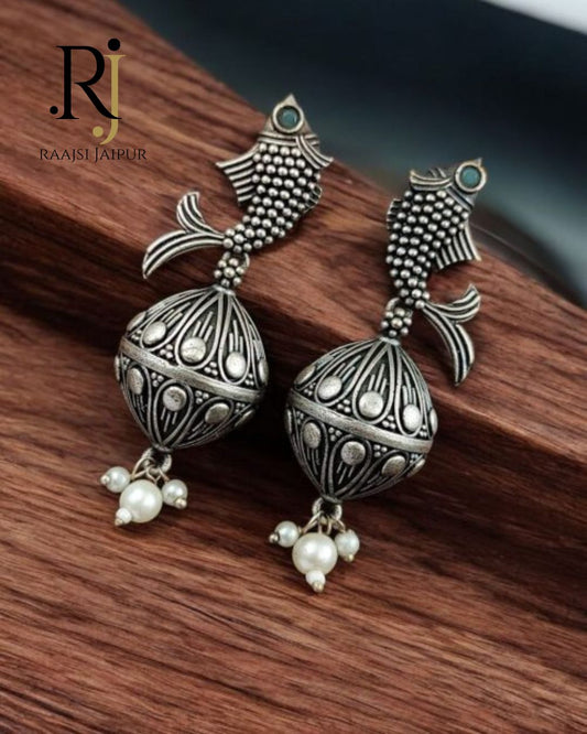 Imitation Silver Fish Jhumki Earrings – Traditional Oxidized Jewelry