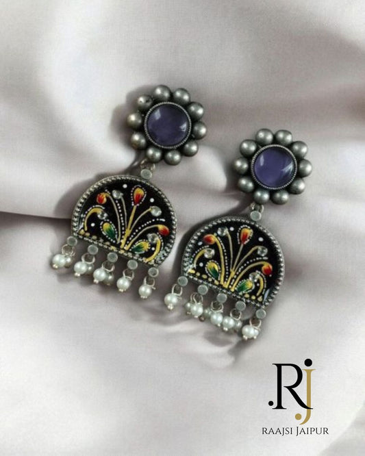 Premium Jaipur Hand-Painted Silver Earrings | Stone Stud Designer Jewelry