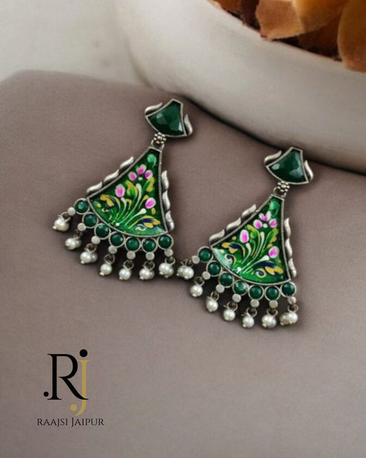 Hand-Painted Designer Earrings with Monalisa Stone – Elegant Handmade Jewelry